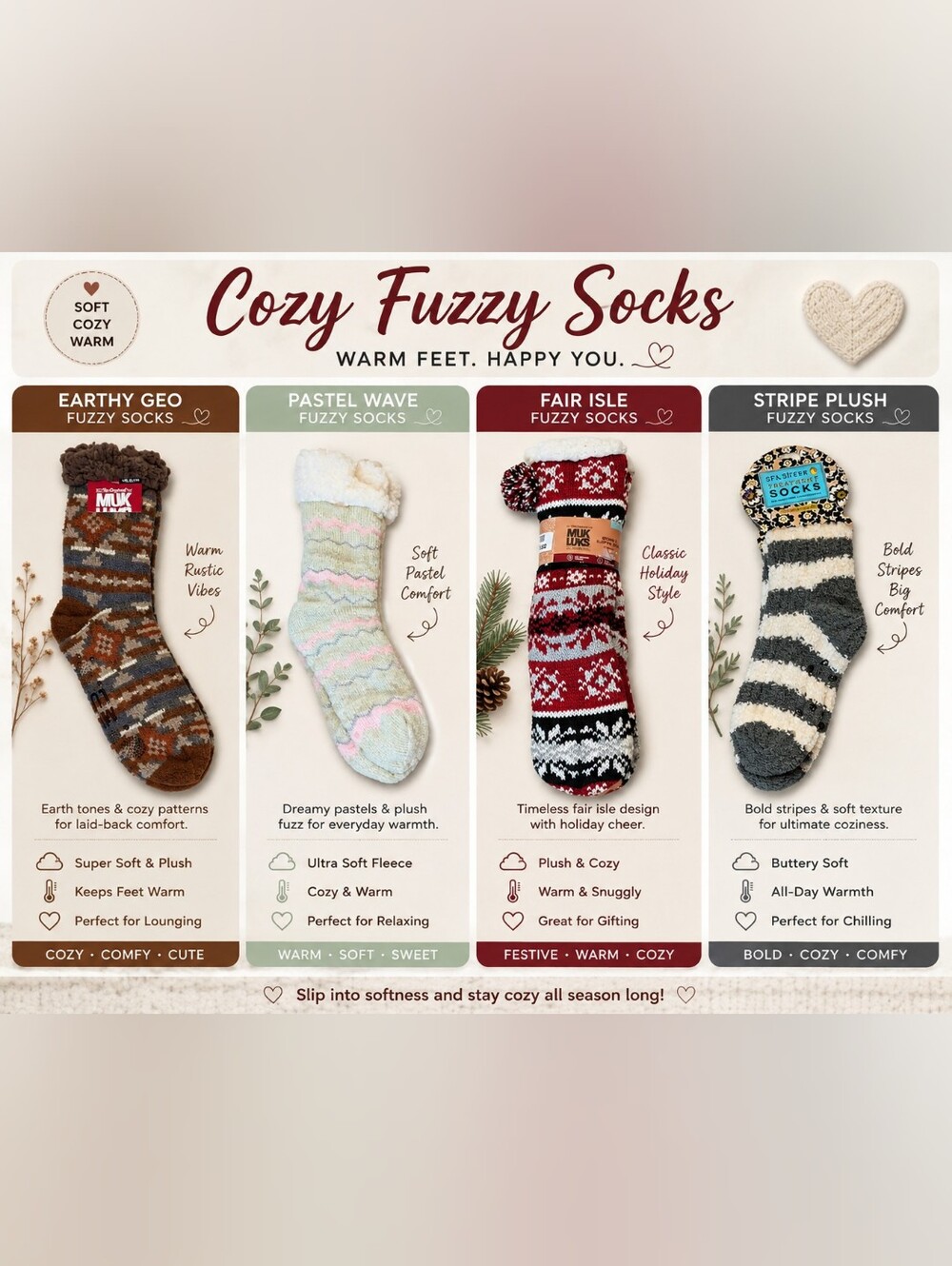 Buyers Choice Muk Luks Fair Isle Fuzzy Socks - Red Holiday Cozy Throw Socks